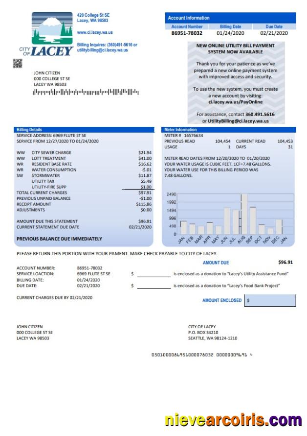 USA Washington City of Lacey water utility bill proof of address